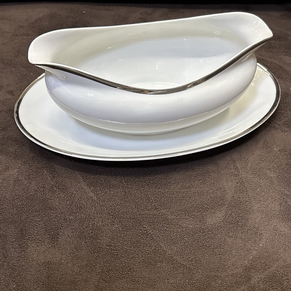 VTG Harmony House Fine China Gravy Boat Attached Plate White Platinum Trim Japan